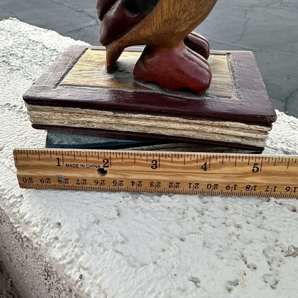 Hand Carved Wooden Owl On Books-Vintage- Made In Thailand -‎ Paperweight